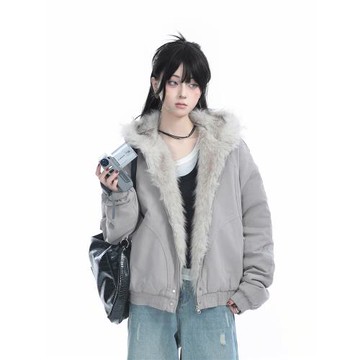 【坐吃山空】美式復古毛領連帽棉服外套女冬季高級感加厚毛絨棉衣