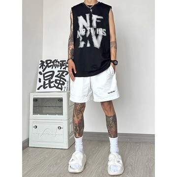 臺灣出貨 美式潮牌復古簡約字母印花運動男夏季百搭速幹網眼無坎肩無袖上衣 男短褲 大尺碼短褲健身短褲