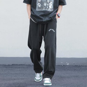 水洗做舊褲子男日系復古重磅衛褲春秋潮牌寬松直筒運動褲休閑長褲