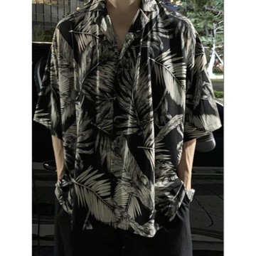 古巴領冰絲花襯衫英倫雅痞男裝短袖襯衣夏威夷三亞沙灘穿搭套裝男