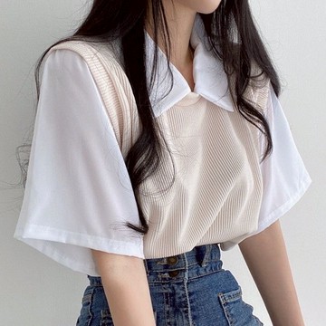 ZUCA”S - 韓版學院風撞色 假兩件短袖上衣 女裝 顯瘦上衣 - N-902