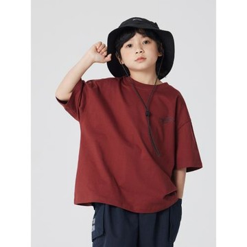 兒童潮牌童裝高級暗紅短袖T恤24夏季新款男女童純棉寬松五分袖