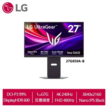 LG樂金 27吋 UltraGear™ 4K Nano IPS Black 雙模式專業電競螢幕27G850A-B