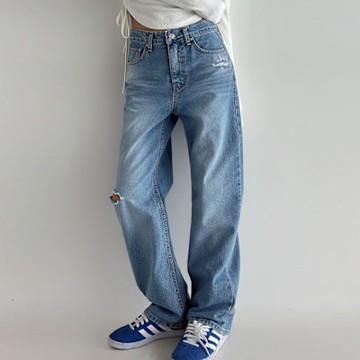 正韓牛仔褲 割破牛仔直筒長褲DOB6022-創翊韓都