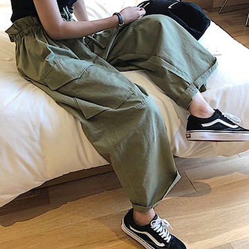 中大尺碼花苞腰抽繩超寬闊腿褲大口袋工作褲L~4L-Ballet Dolly