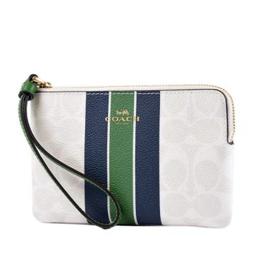 COACH 直紋緹花LOGO防刮皮革手拿包-白/綠