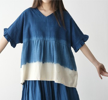 【棉麻手工藍染】V領荷葉邊袖子寬松可愛上衣