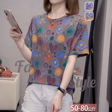 圓領愛心波點線條撞色繪本風印花上衣(2色) L-4XL【123336X】【現+預】☆流行前線☆