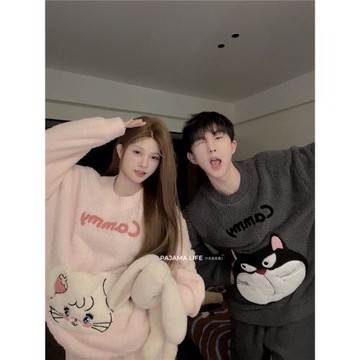 卡通貓咪半邊絨情侶睡衣男女士秋冬季保暖珊瑚絨可外穿冬天家居服