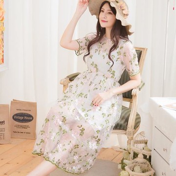 小尺碼-網紗繡花短袖洋裝+連身小可愛兩件式(氣質白)lingling