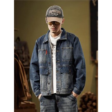 復古水洗翻領工裝牛仔外套男士春秋季寬松大碼多口袋夾克上衣潮牌