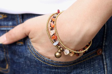 瑪瑙黃銅鏈手鍊串珠編織層浪漫橙色石頭