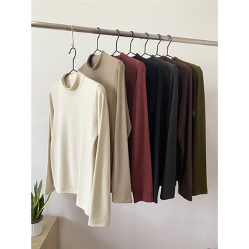 再生纖維素加絨磨毛半高領長袖T恤 純色簡約內搭打底衫 加厚保暖