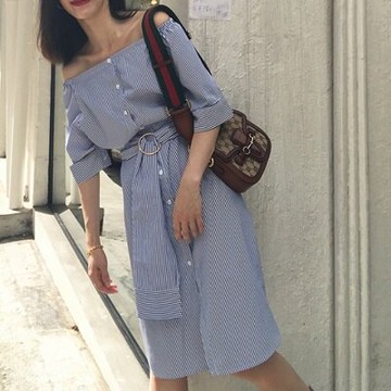 連身裙 一字領洋裝-經典條紋時尚清新露肩女連衣裙73ha26【獨家進口】【米蘭精品】