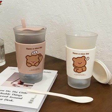 可愛ins風磨砂水杯玻璃杯女便攜帶蓋帶勺牛奶咖啡杯子大容量家用