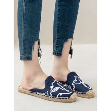 漁夫鞋女拖鞋春夏新款亞麻刺繡草編休閑懶人個性百搭舒適鞋