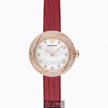 ARMANI手錶，編號AR00045，26mm玫瑰金圓形精鋼錶殼，貝母中二針顯示錶面，紅真皮皮革錶帶款_廠商直送