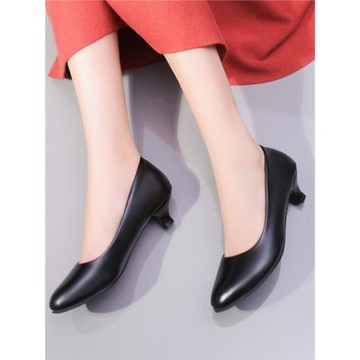 3cm小高跟鞋女粗跟小皮鞋工作鞋女黑色圓頭低跟舒適淺口職業單鞋