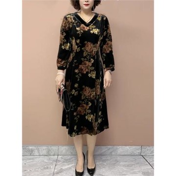 貴婦連衣裙秋季新款中老年媽媽絲絨印花長裙大碼顯瘦v領遮肉裙子