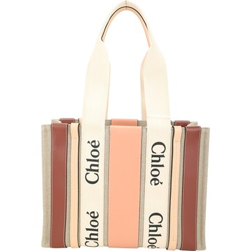 CHLOE 蔻依 Woody 中型 字母織帶亞麻帆布撞色條紋皮革托特包(咖啡x粉橘)