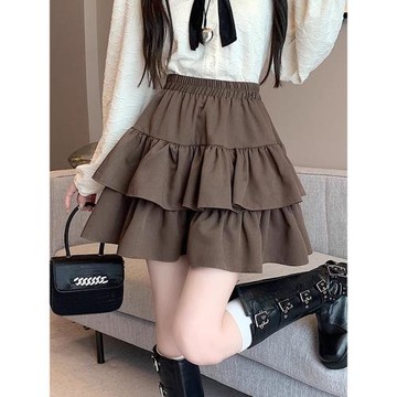 咖色春秋季高腰a字百褶半身裙