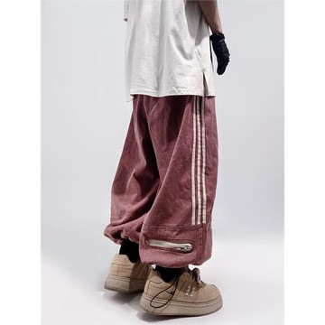 UUCSCC嘻哈潮牌闊腿三杠運動九分褲寬松直筒日系工裝束腳牛仔褲男