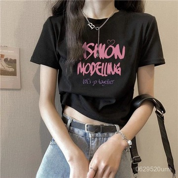 今天買明天到】字母印花純棉恤女上衣夏季ins高腰短款辣妹正肩白色短袖1SP
