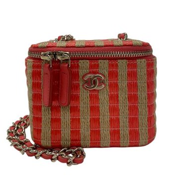 二手品 CHANEL 拉菲草拚紅條紋化妝鍊條斜背包
