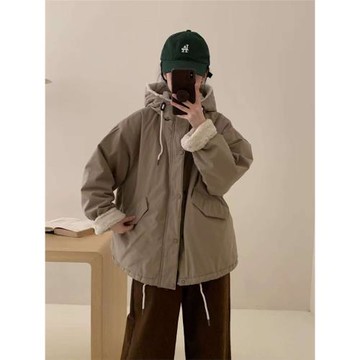 羊羔毛加厚連帽棉服女2025冬季新款韓版復古寬松保暖外套派克服