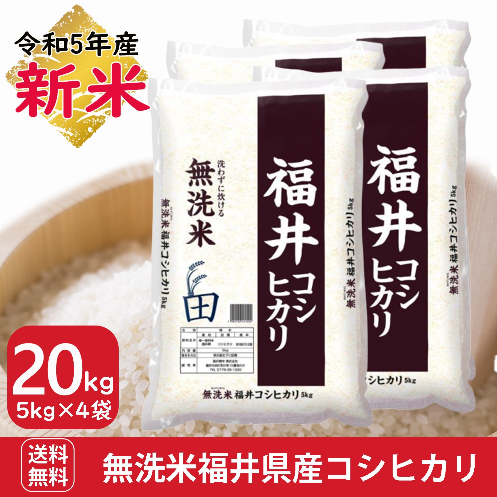 新米 無洗米　福井県産コシヒカリ20kg(5kg４袋)　令和5年産 白米