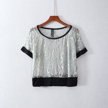 女裝鏤空修身套頭短袖短款圓領蕾絲衫上衣服潮