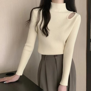 SY韓版上衣長袖針織衫半高领毛衣打底衫女内搭秋冬新款洋气镂空设计感小众露肩上衣
