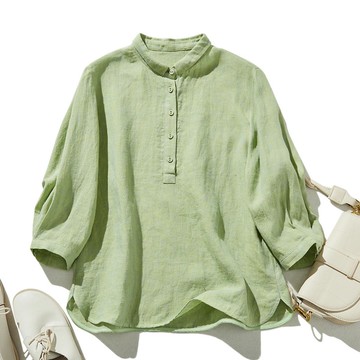 法式亞麻襯衫 透氣親膚 輕奢簡約 歐系優雅 淺黃綠色　240404-2