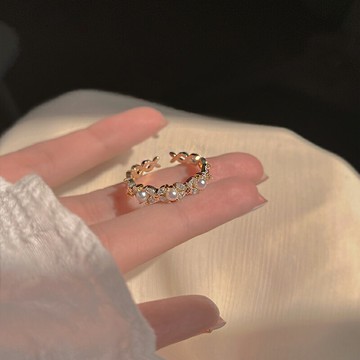 復古珍珠鋯石戒指女ins潮網紅高級感指環小眾設計個性簡約食指戒