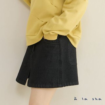 a la sha 內刷毛前開岔牛仔短褲裙