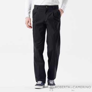 【ROBERTA 諾貝達】男款 柔軟高級棉打摺黑灰色休閒長褲(義大利原裝進口)