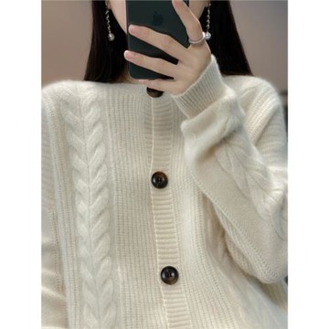 秋冬新款羊絨衫女圓領麻花開衫外搭毛衣寬松長袖羊毛針織外套加厚