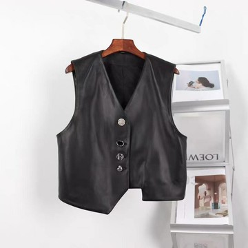 歐洲站2024秋冬新款真皮馬甲女不規則V領休閑綿羊皮背心外套坎肩a「新年特惠」