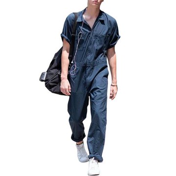 Solid Color Short Sleeve Lapel Jumpsuit純色短袖翻領工裝連褲