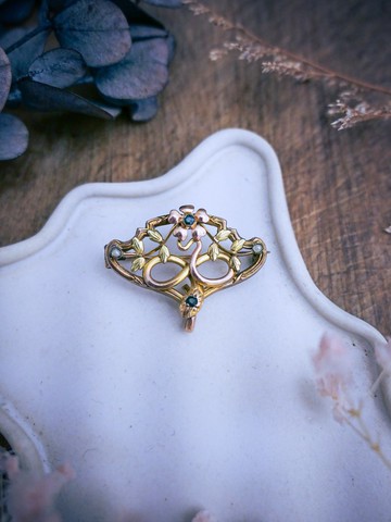 ORIA 法國新藝術 蛇與花雙色厚鍍金胸針—歐洲古董首飾 Vintage