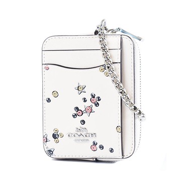 COACH 亮粉星光滑面皮革鍊帶證件零錢包-白色
