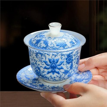 璞玉瓷纏枝蓮三才蓋碗家用茶碗廠長批發企業活動節慶LOGO紀念禮品