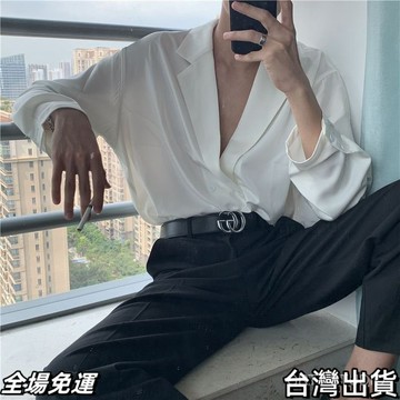 台出免運  韓風垂感禁慾係領冰絲襯衣男寬鬆V領綢緞單層西裝外套ins痞帥12AA