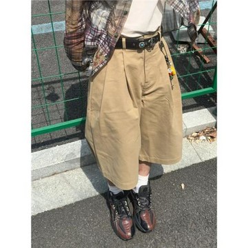 城市通勤風西裝七分褲男夏季街頭復古直筒寬松挺闊多褶闊腿短褲子