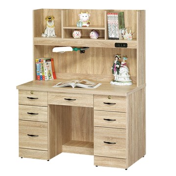 文創集 亞圖4尺七抽書桌組合(二色可選＋附設便利插座&護眼燈)-120x58.5x156cm免組