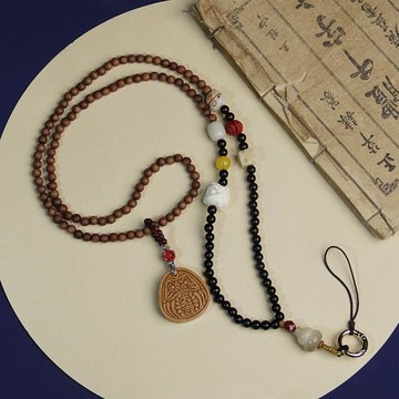 原創高檔天然檀香木手機掛繩斜挎長款掛脖手腕吊繩鏈子木珠可拆卸