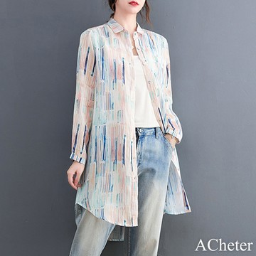 【ACheter】抽象撞色POLO領長袖開衫寬鬆大碼舒適苧麻感長版襯衫外罩上衣# 119020 (現貨+預購)