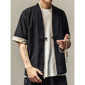 日系和服文藝男裝復古中國風襯衫寬松薄款開衫道袍外套亞麻料上衣