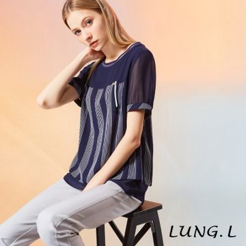 LUNG.L林佳樺 深藍直條紋拼接雪紡短袖女裝上衣 LW36A