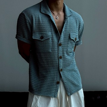 正韓夏日雙口袋鈕扣短袖針織襯衫 4色 YUPPIE 預購商品 0805